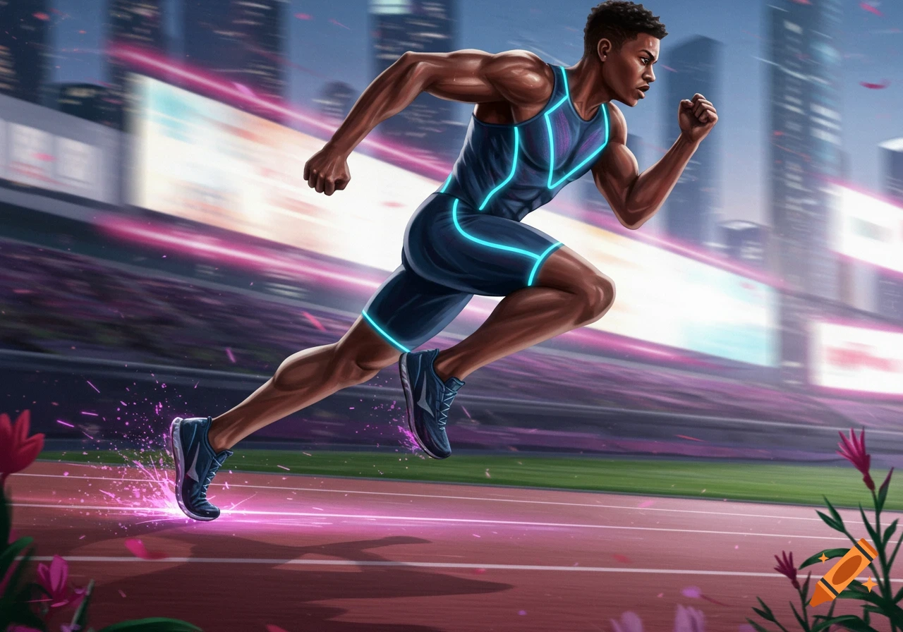 Dynamic digital art of a male athlete in a neon-lit suit running on a track with a blurred city skyline background.