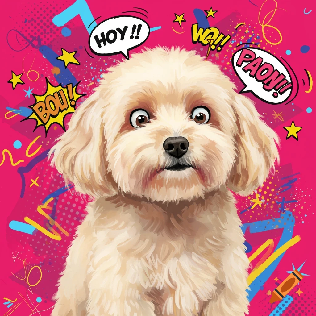 A fluffy light brown dog with wide eyes looks at the viewer, surrounded by pop art style speech bubbles with text like "HOY!!" and "PAON!!" on a vibrant pink background.