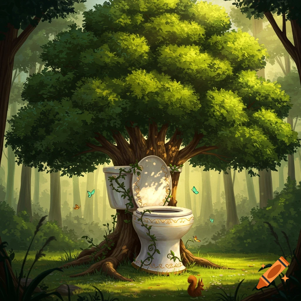 A whimsical toilet integrated into the base of a large, leafy tree in a lush forest, with butterflies and a squirrel.