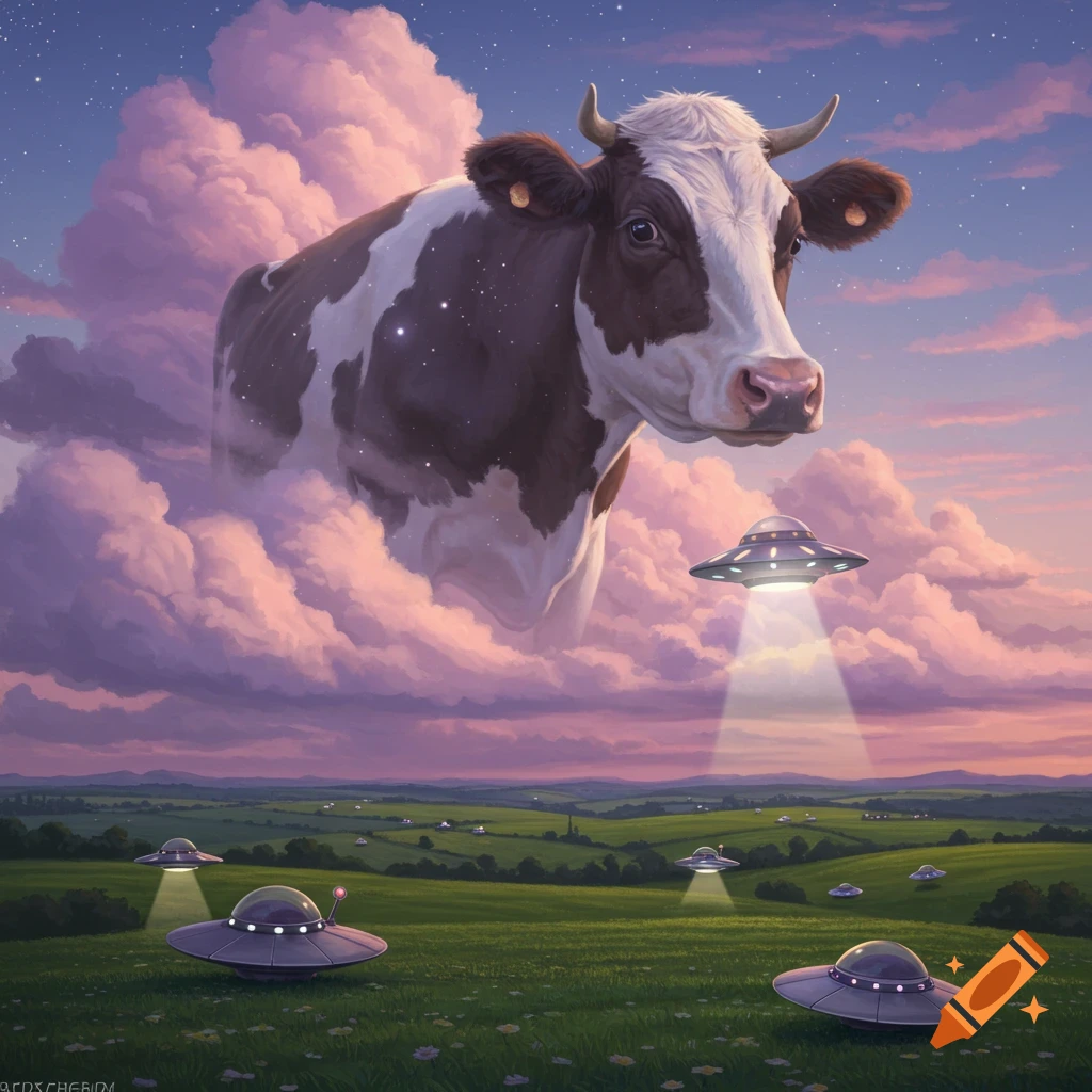 A giant cow in a pink, cloud-filled sky floats above a green field dotted with UFOs, one beaming up another.