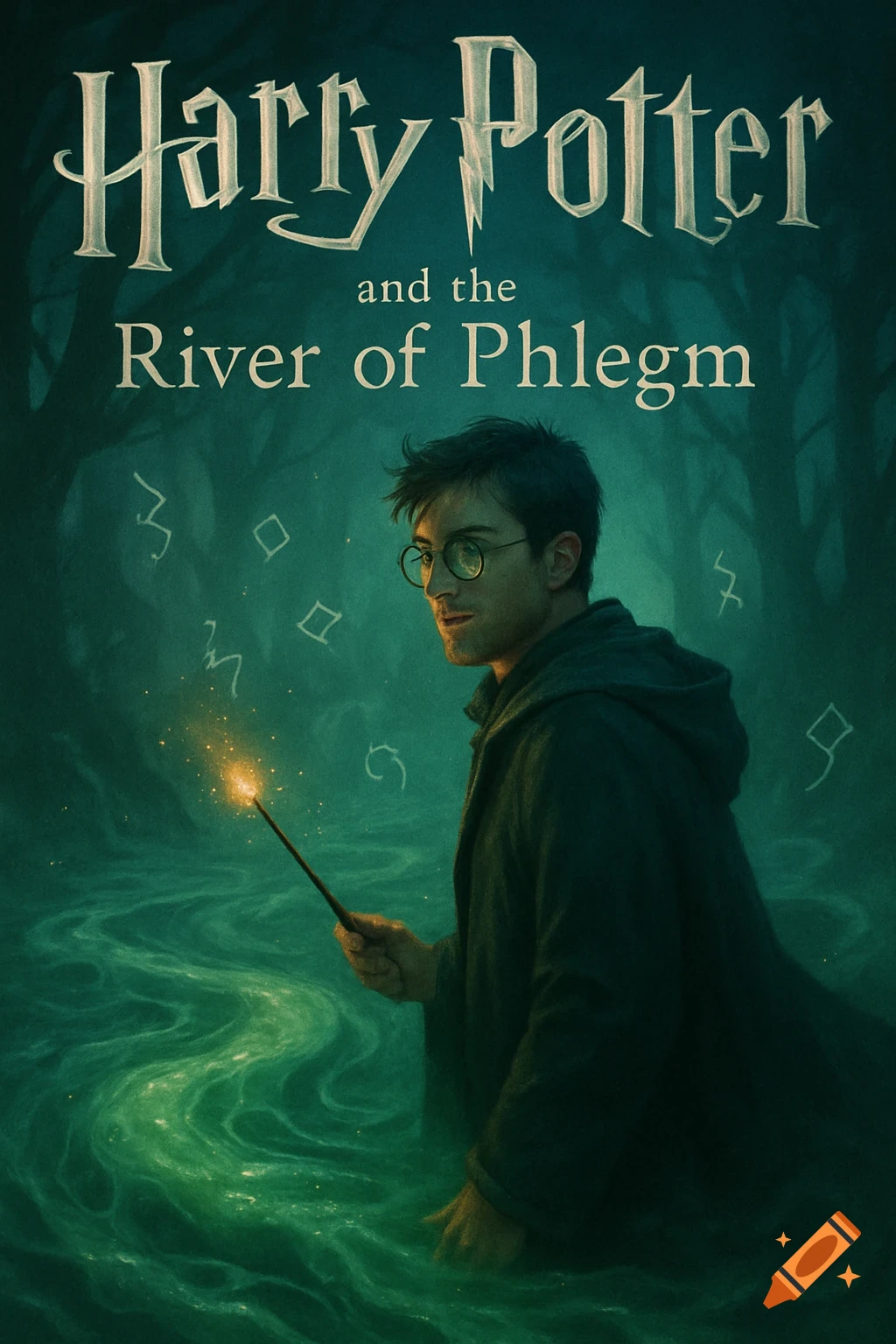 A character resembling Harry Potter stands in a glowing green river, holding a magic wand, under the title "Harry Potter and the River of Phlegm" in a book cover style.
