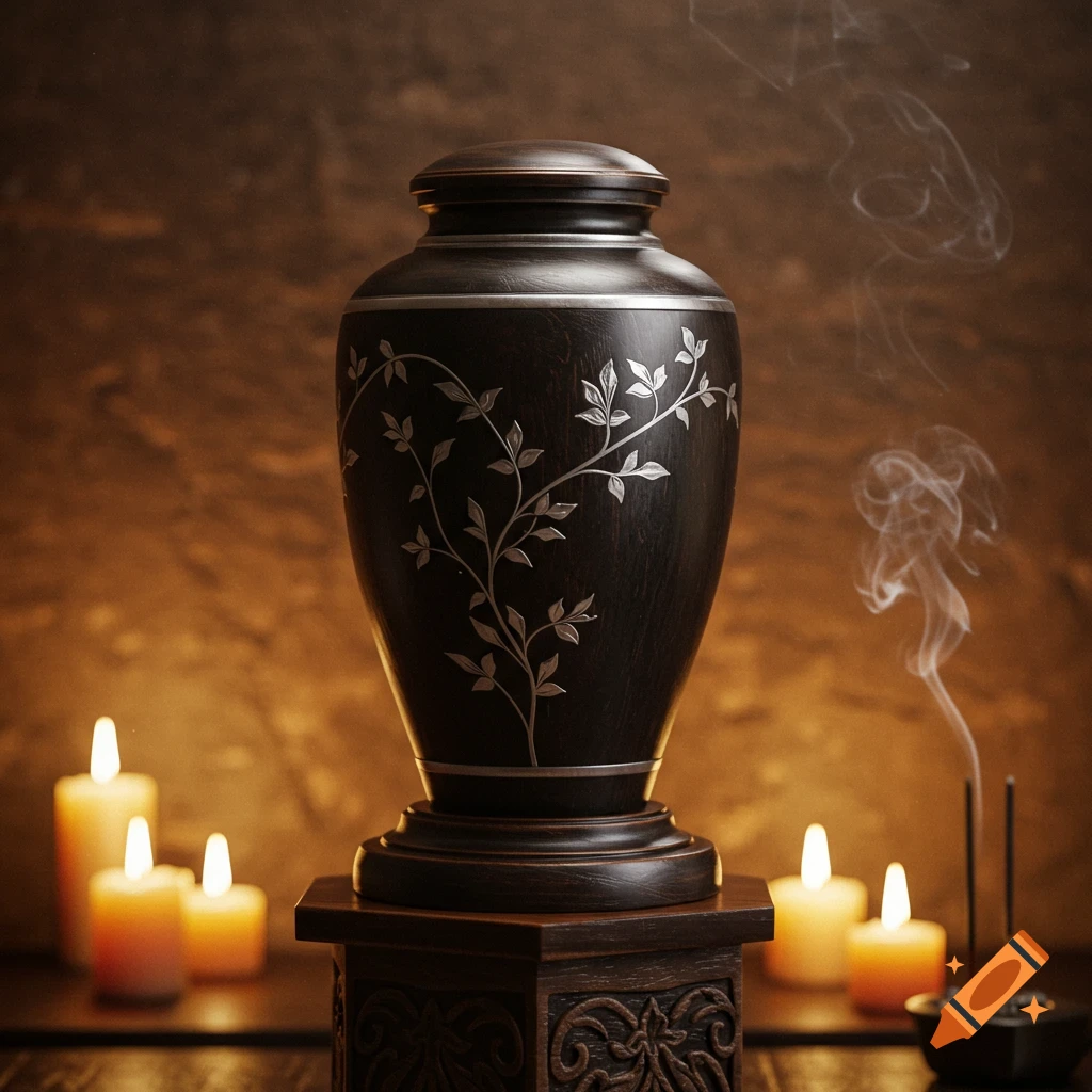 A dark, ornate cremation urn with a silver leaf design, surrounded by soft candlelight and wisps of incense smoke.