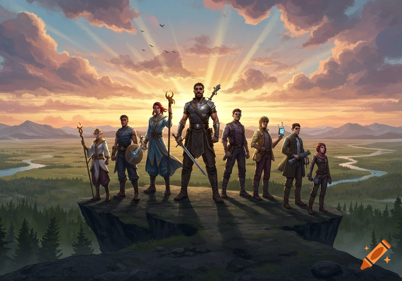 An epic illustration of a diverse group of heroes standing on a cliff overlooking a vast valley at sunset.