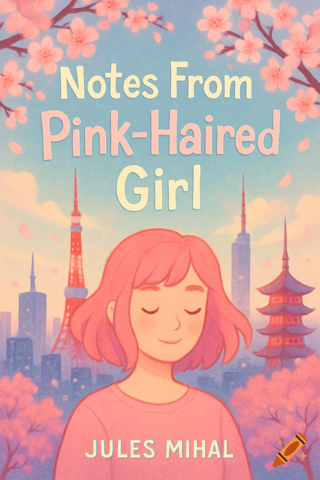 A stylized book cover features a pink-haired girl with closed eyes, smiling gently, in front of a Tokyo skyline with cherry blossoms. The title 'Notes From Pink-Haired Girl' is at the top, and 'JULES MIHAL' at the bottom.