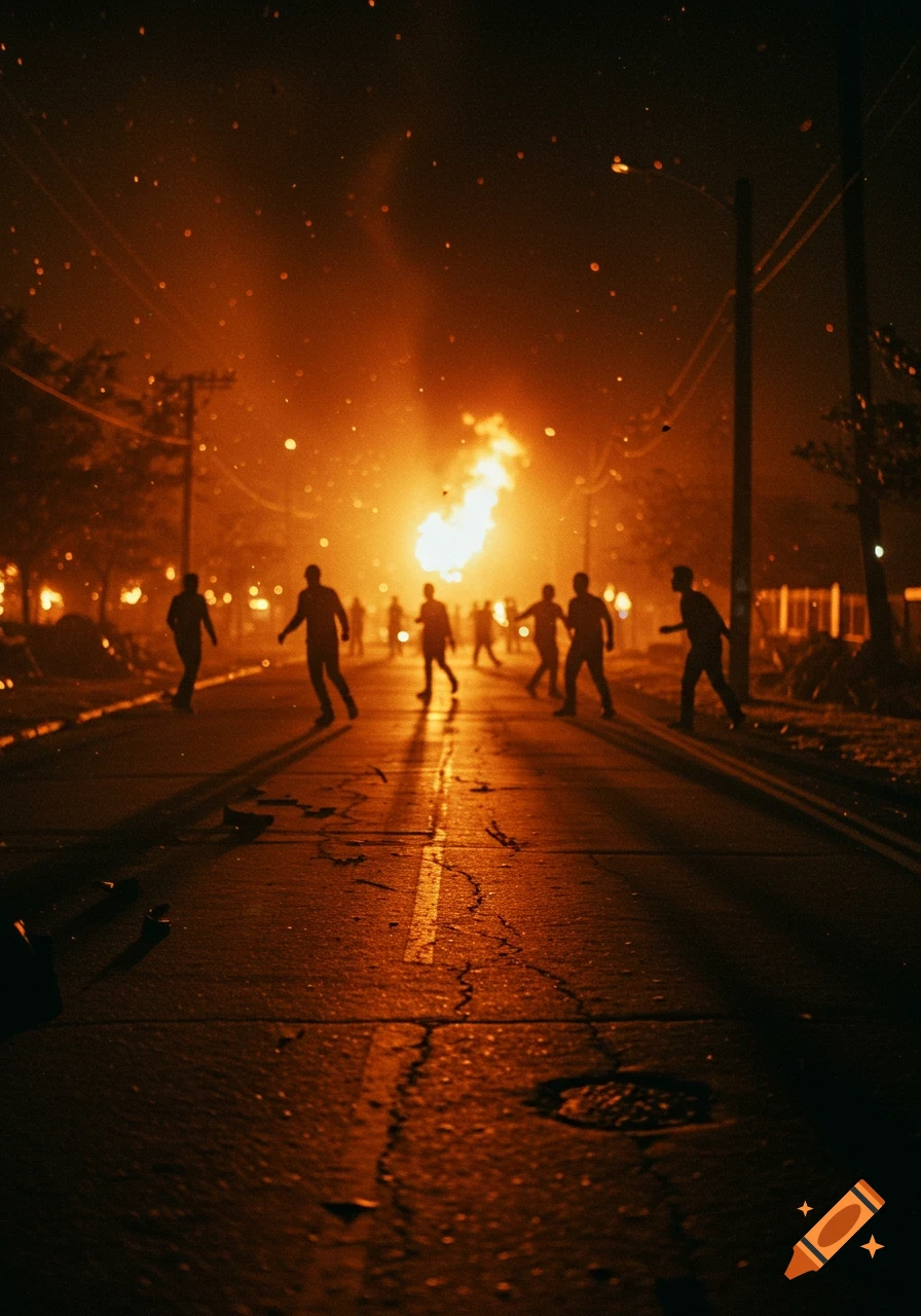 Silhouettes of people in panic run down a dark, fiery street at night with a large blaze in the background, a blurry, chaotic scene.