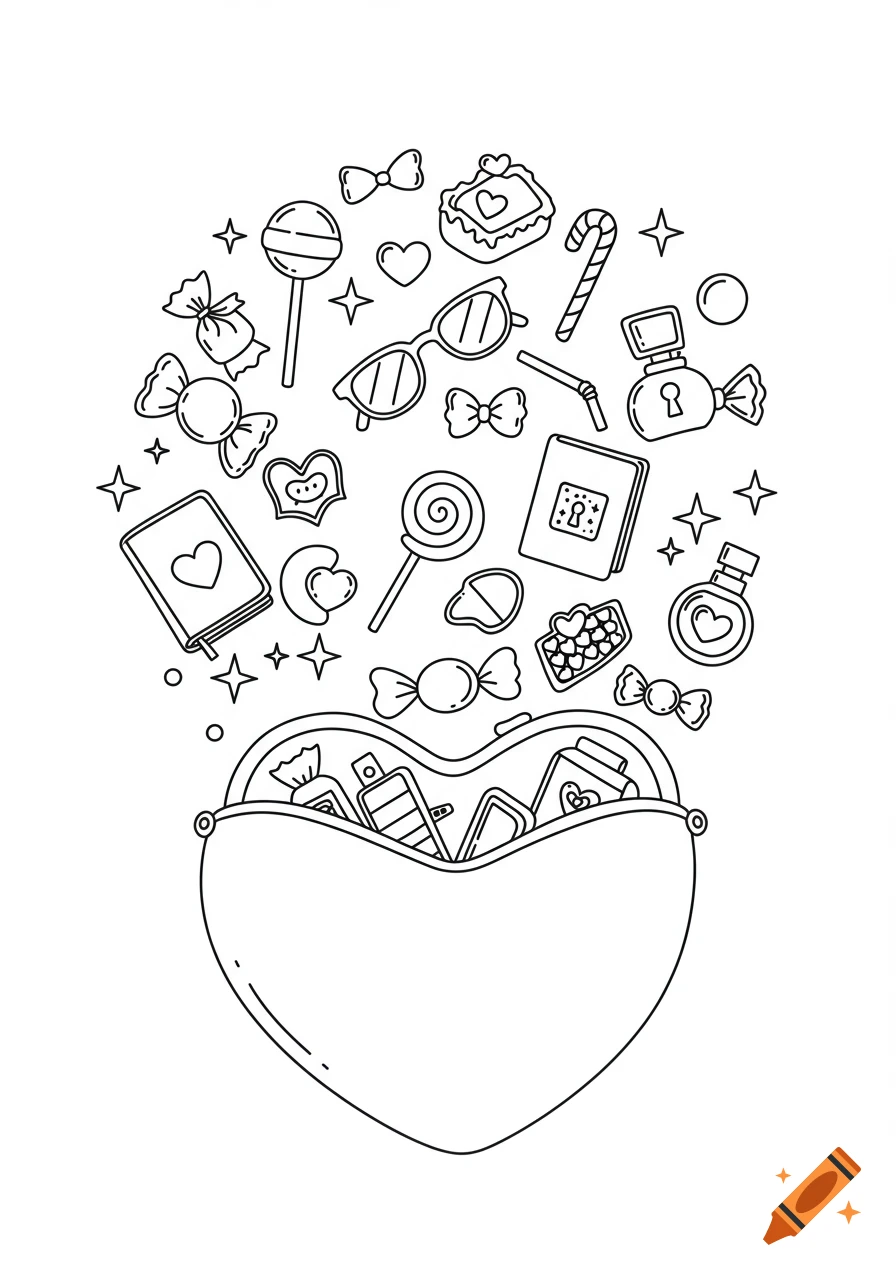 Black and white line art coloring page of Y2K objects floating from a heart-shaped purse.