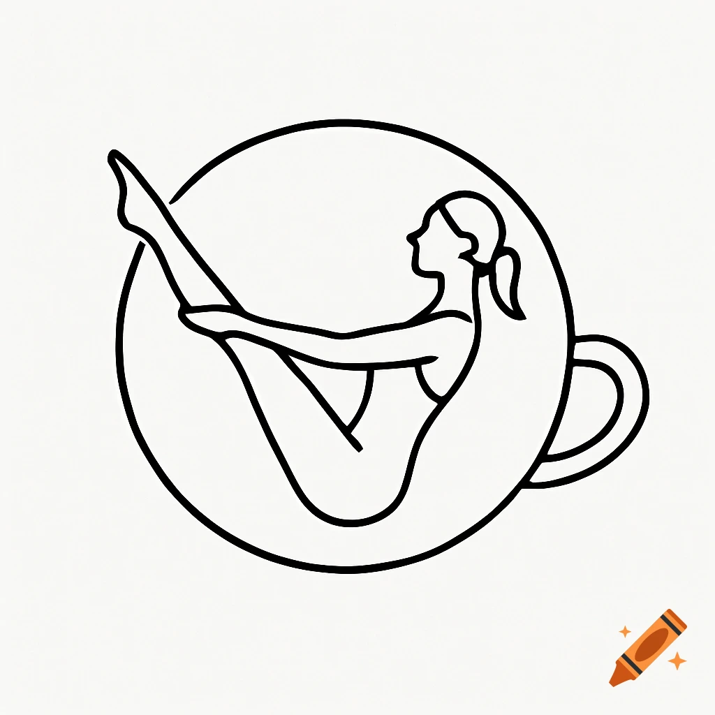 Black line drawing logo of a woman in a Pilates pose inside a circular cup with a handle.