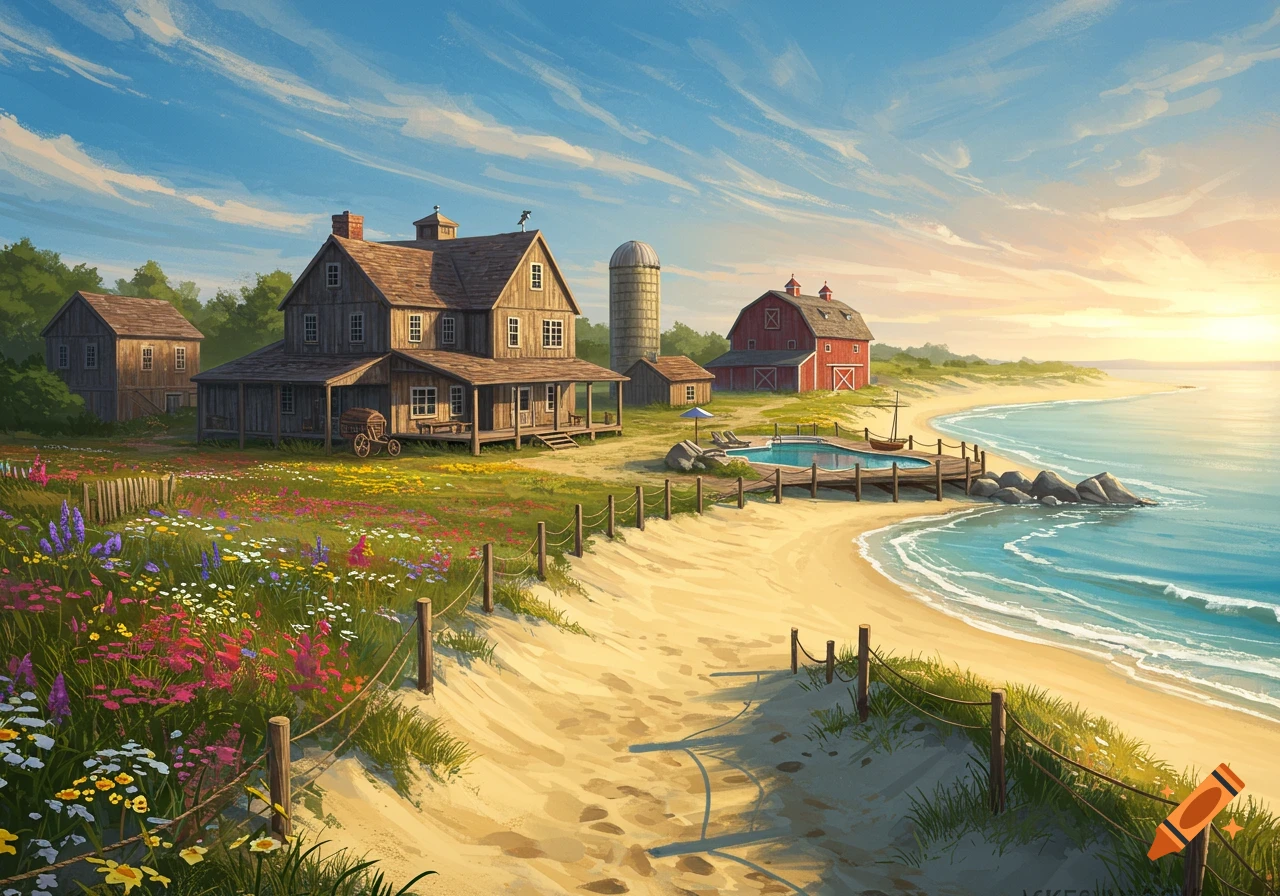 An idyllic illustration of a large rustic farmhouse and red barn surrounded by wildflowers next to a sandy beach with a swimming pool and ocean.