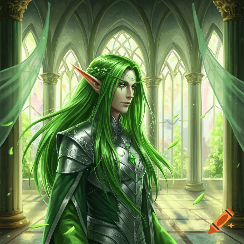 A high elf noble with long green hair and green eyes, wearing silver armor and green robes, stands in a grand hall.