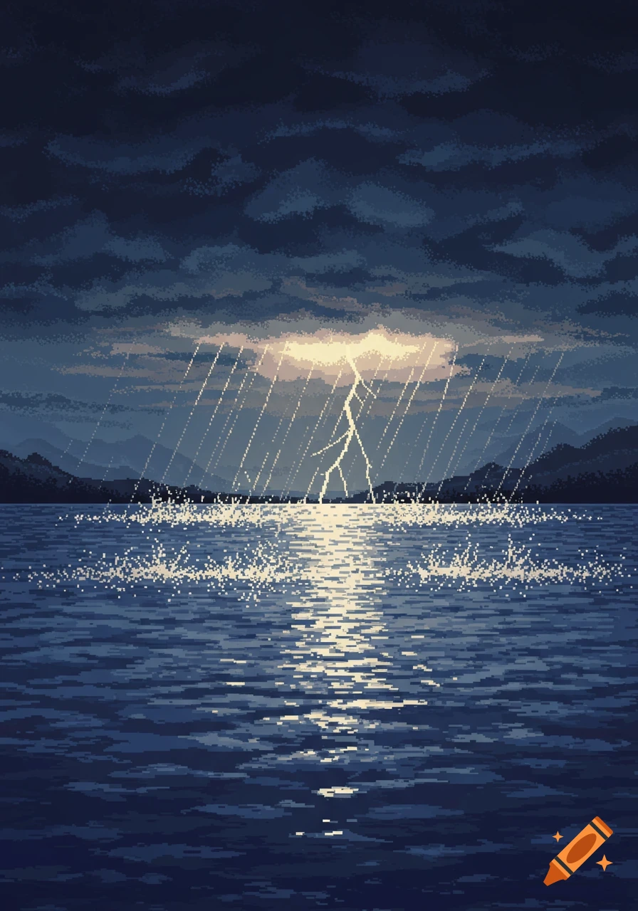 A pixel art depiction of a stormy lake with lightning striking the water and rain falling.