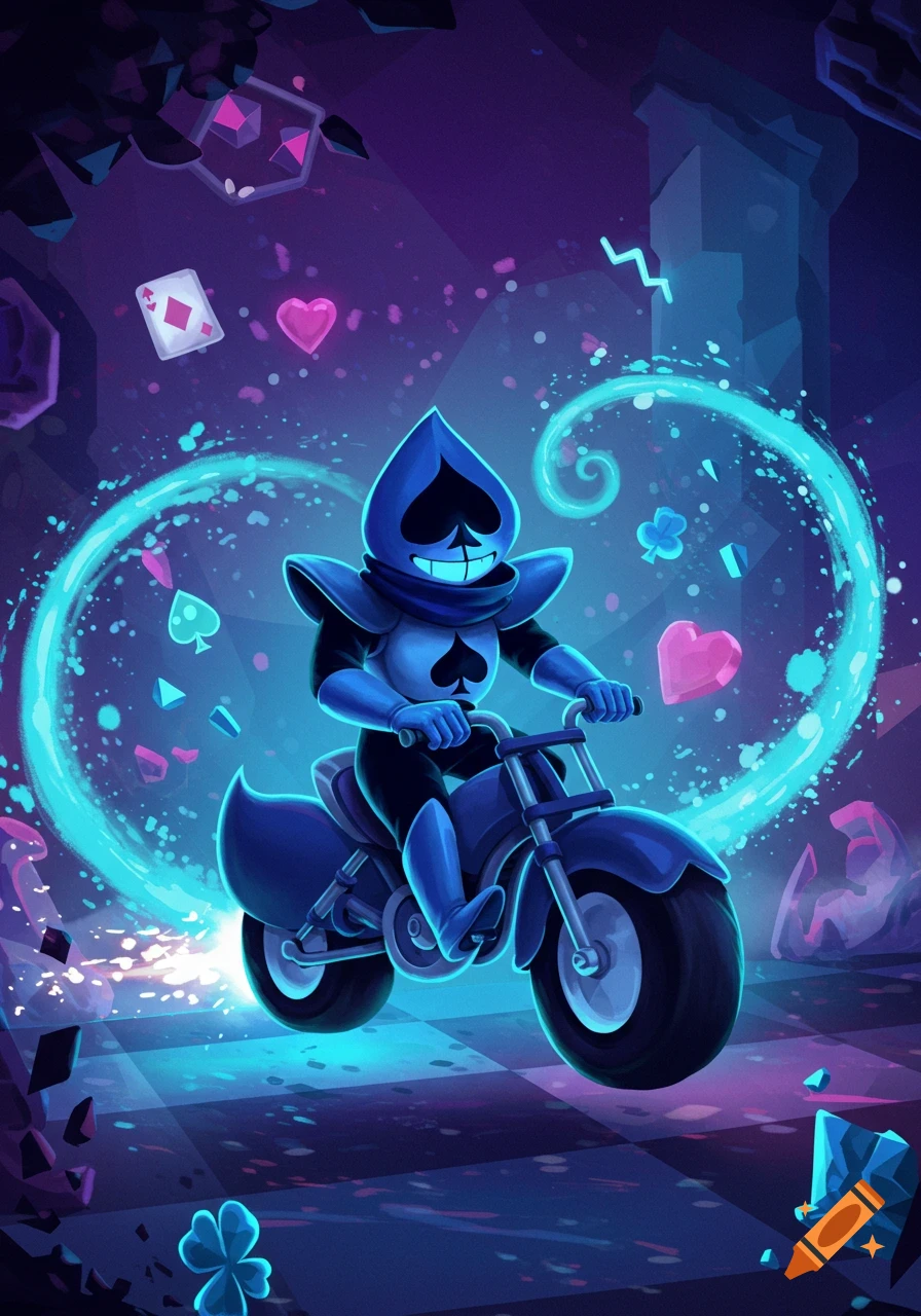 Lancer from Deltarune rides a motorcycle through a vibrant, stylized dark world with glowing blue and pink energy and floating card suits.