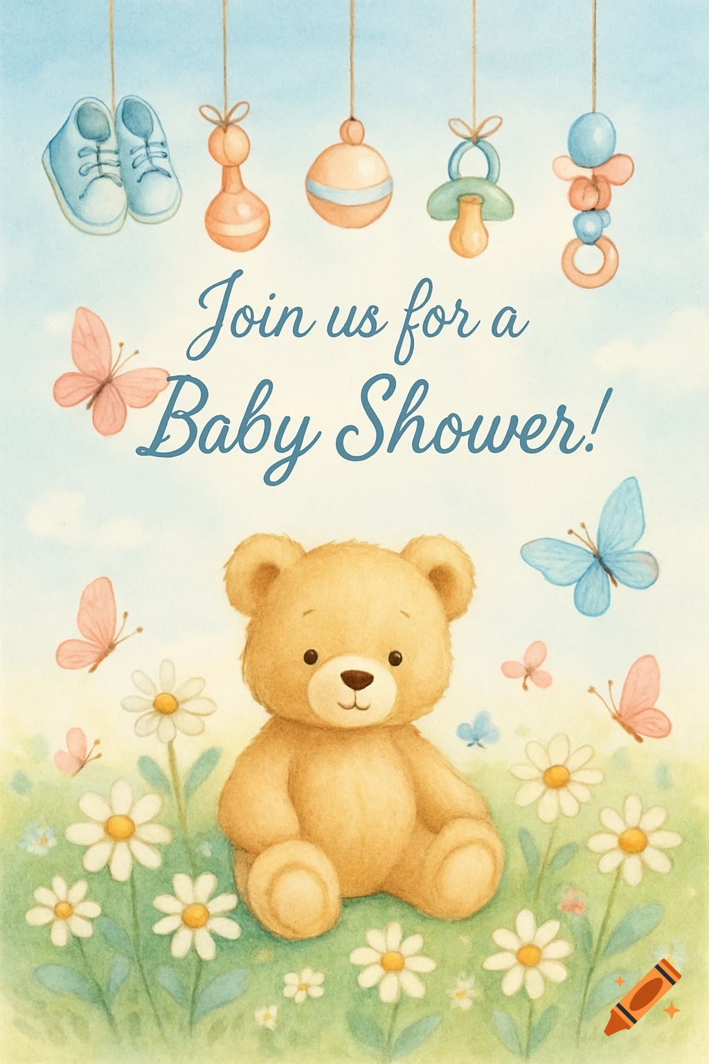 Watercolor baby shower invitation illustration with a teddy bear among flowers and butterflies, and hanging baby shoes and rattles. Text: Join us for a Baby Shower!