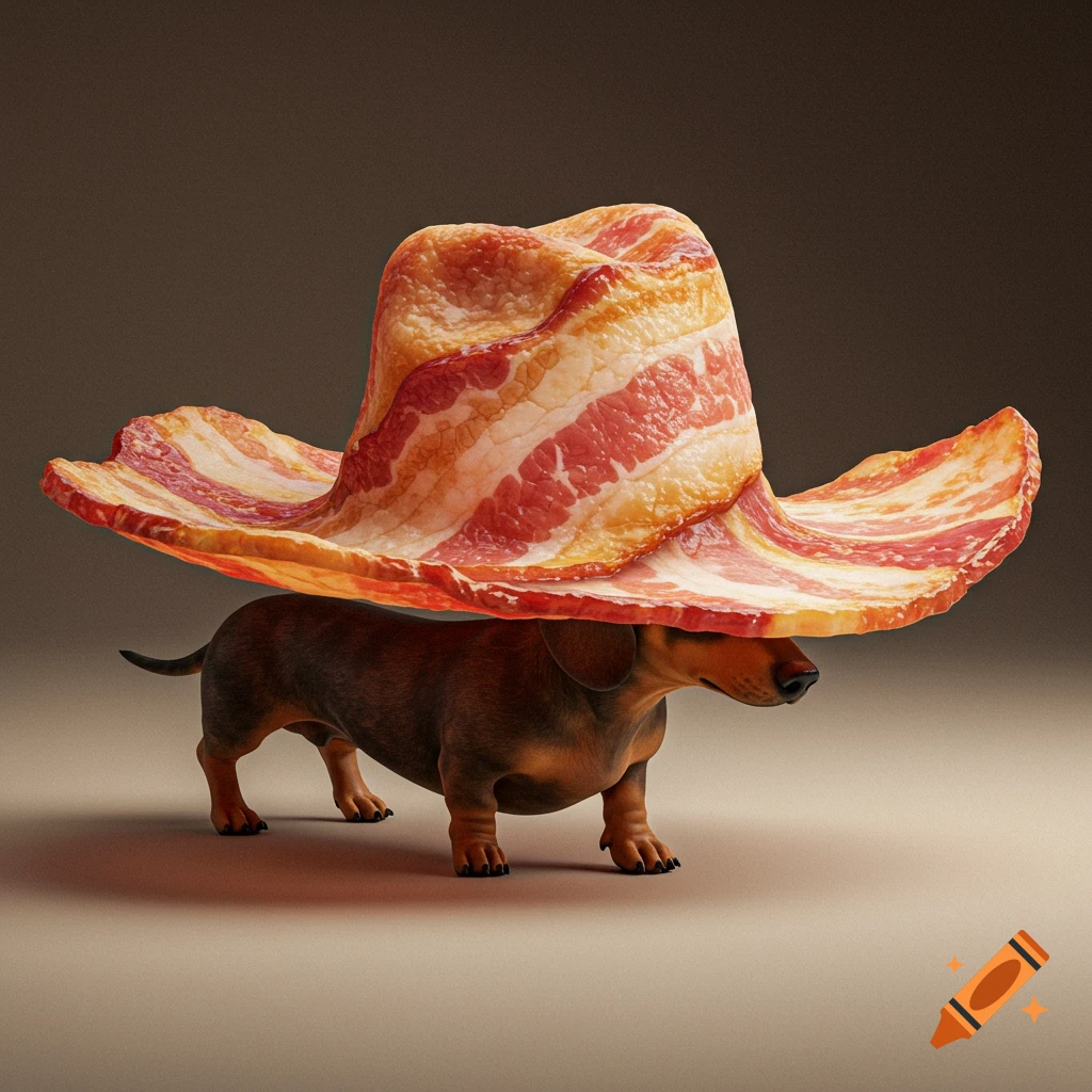 A photorealistic image of a dachshund wearing a large hat made entirely of uncooked bacon.