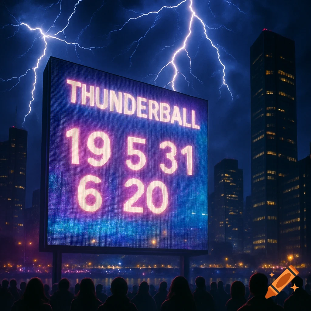 A large illuminated screen displays 'THUNDERBALL' and lottery numbers against a night city skyline with lightning and a silhouetted crowd.