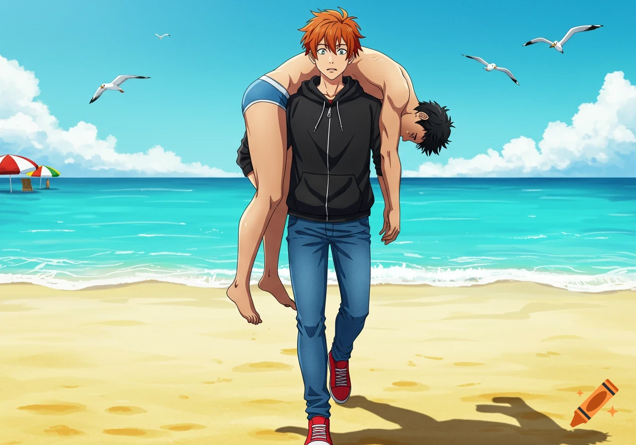 A ginger-haired anime man in a black hoodie carries an unconscious man in blue briefs over his shoulder on a sunny beach.