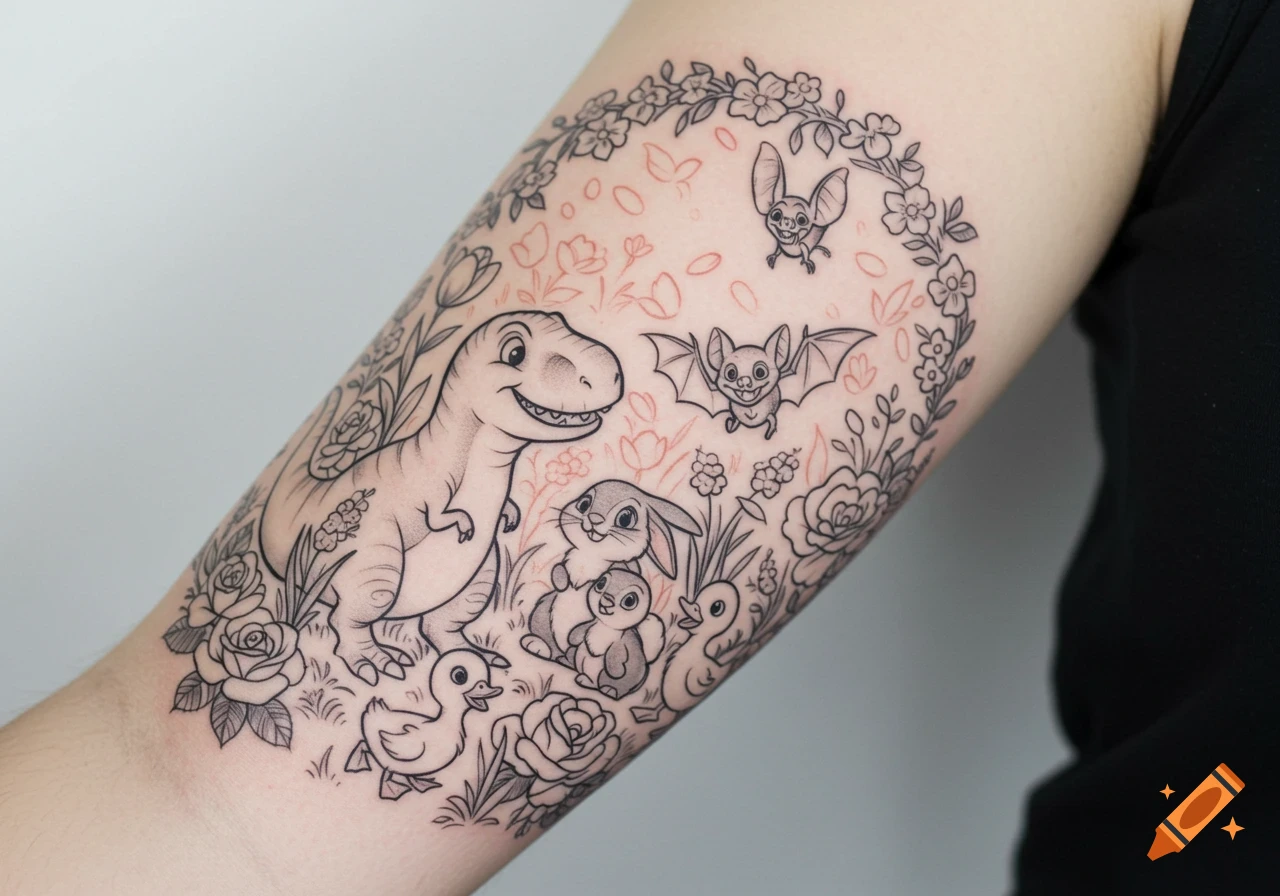 Black-and-grey tattoo on an arm, featuring a whimsical garden scene with a friendly T-Rex, bunny, two bats, two ducklings, and flowers.