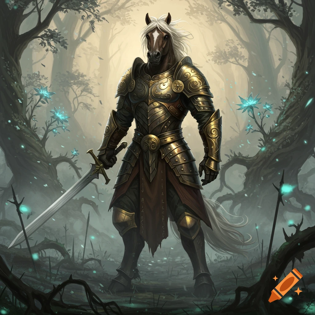 An anthropomorphic horse warrior in golden armor stands in a mystical forest, holding a sword.