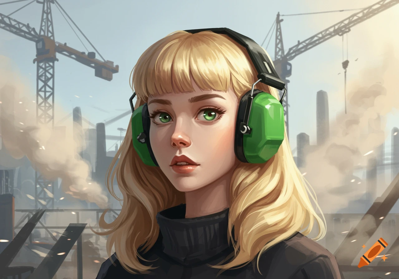 A digital art portrait of a blonde woman with bangs wearing green ear defenders, set against an industrial background with cranes.
