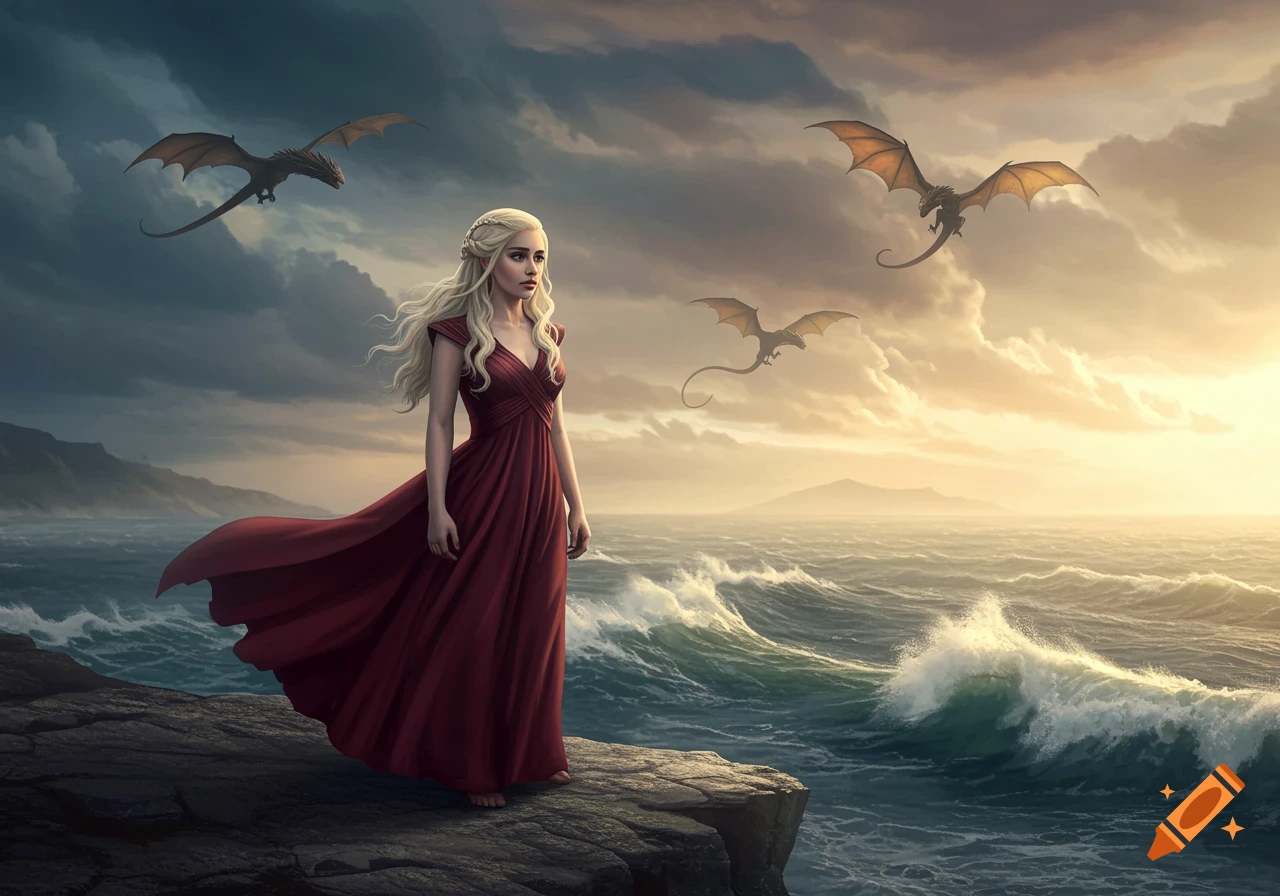 A woman with long blonde hair in a red dress stands on a cliff by a stormy sea, looking at three dragons flying in the sunset sky.