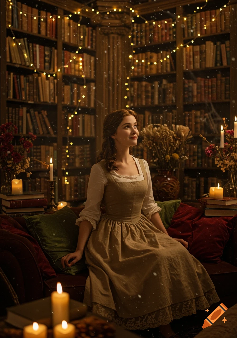 A young woman dressed as Belle from Beauty and the Beast sits in a cozy, candlelit library with books and fairy lights, looking up dreamily. Photorealistic style.