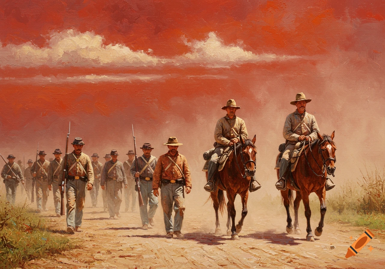 Oil painting of Civil War soldiers marching on a dusty road under a red sky.
