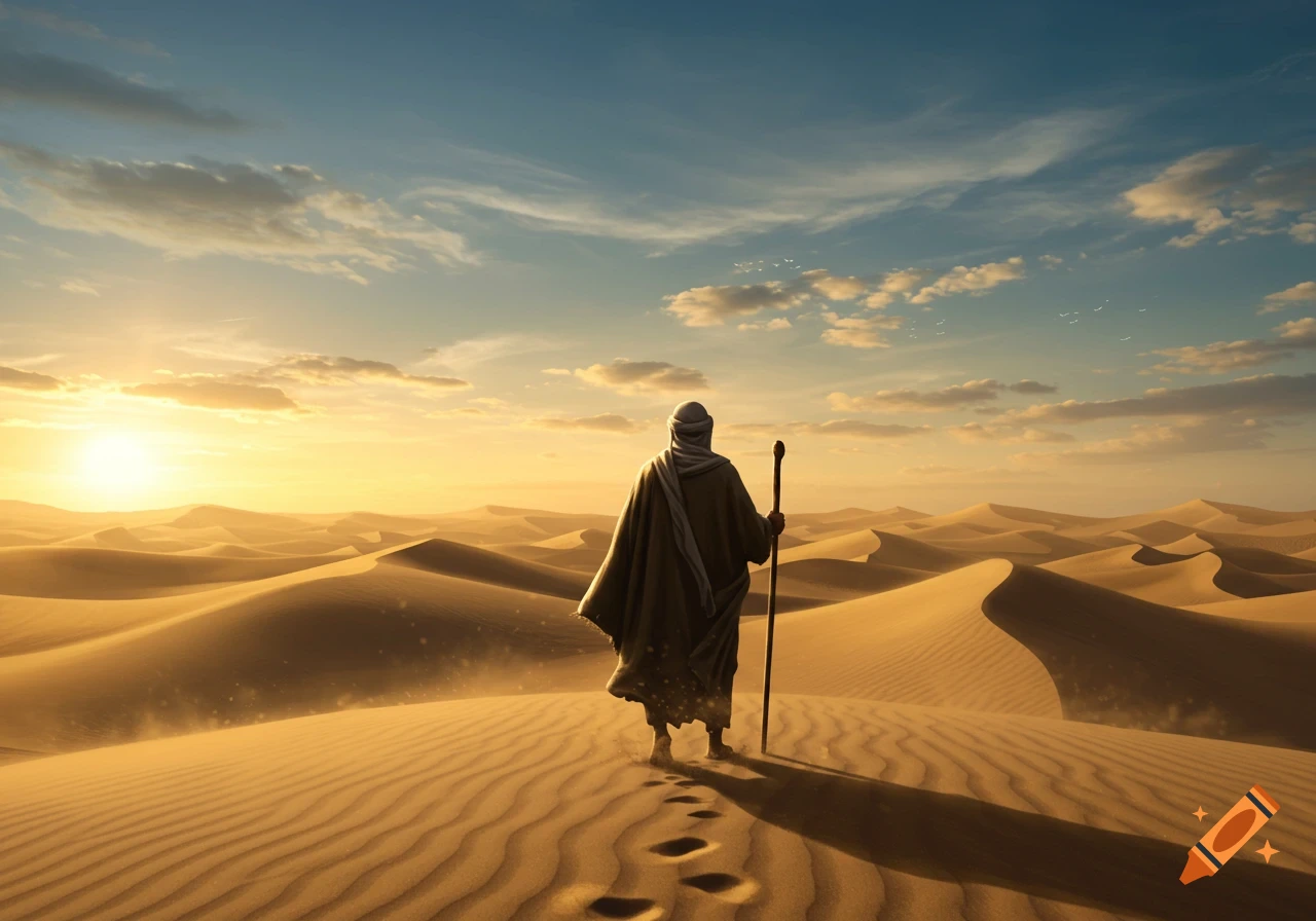 A solitary figure walks across sand dunes into a golden sunset in a vast desert landscape.