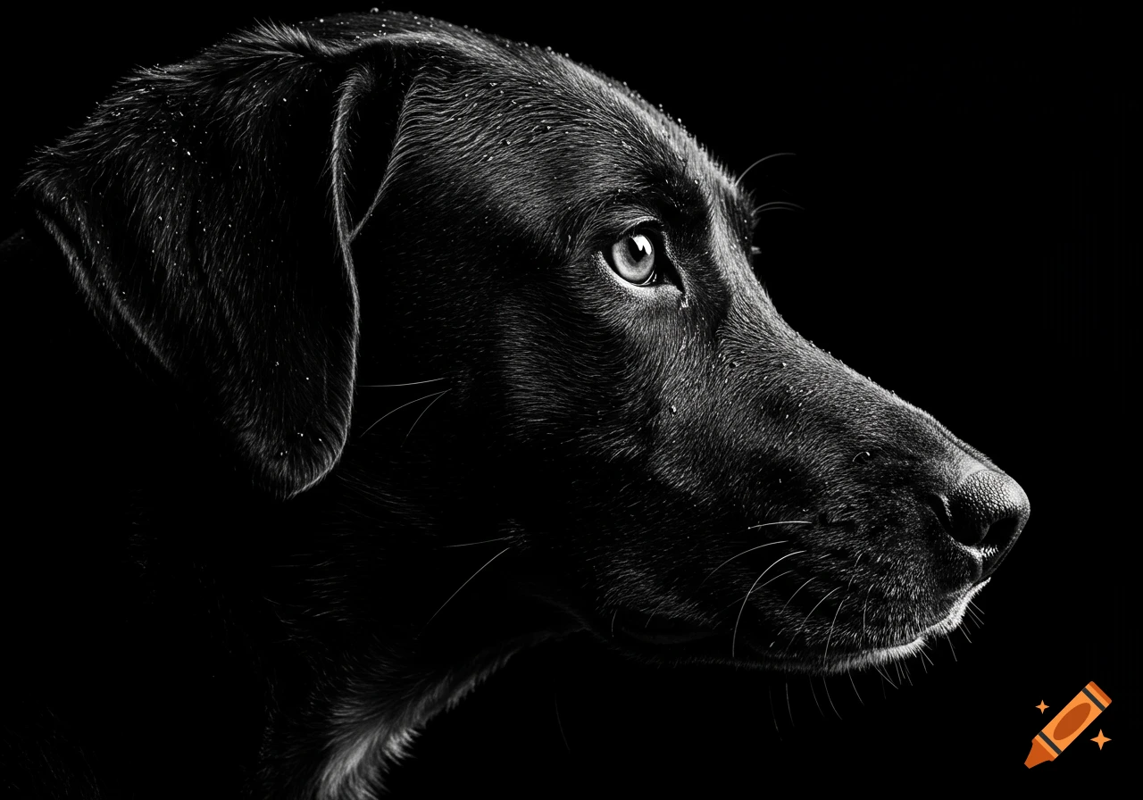 A high-contrast black and white photorealistic portrait of a black dog's head in profile with water droplets, emerging from a dark background.