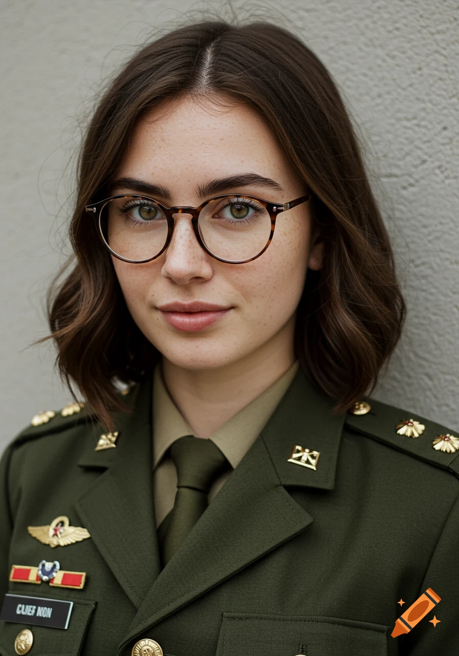 Close-up photorealistic portrait of a young woman with freckles and glasses, wearing a military uniform, against a plain wall.