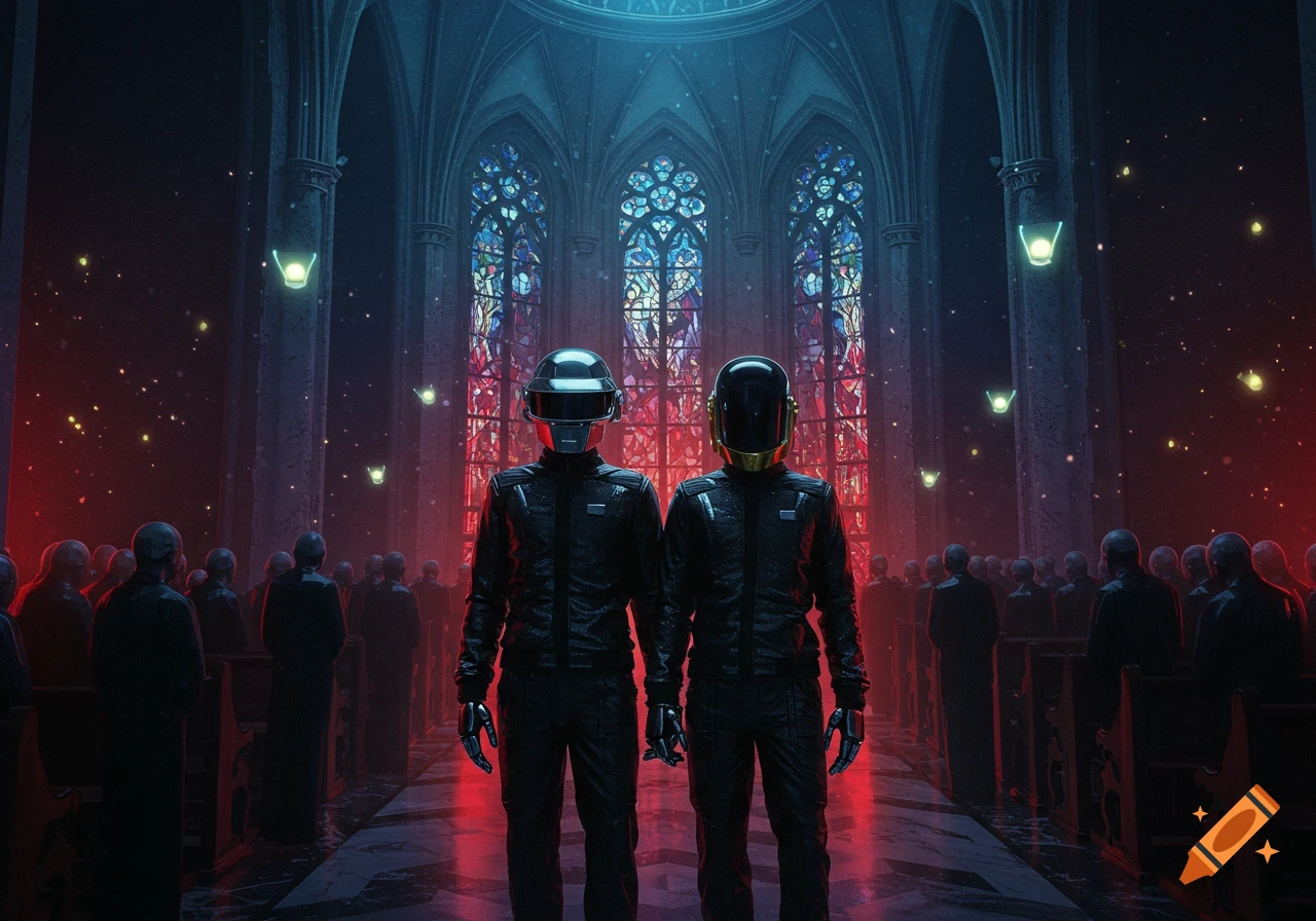 Two futuristic figures resembling Daft Punk stand in a dimly lit gothic cathedral with red and blue lighting and a silhouetted crowd.