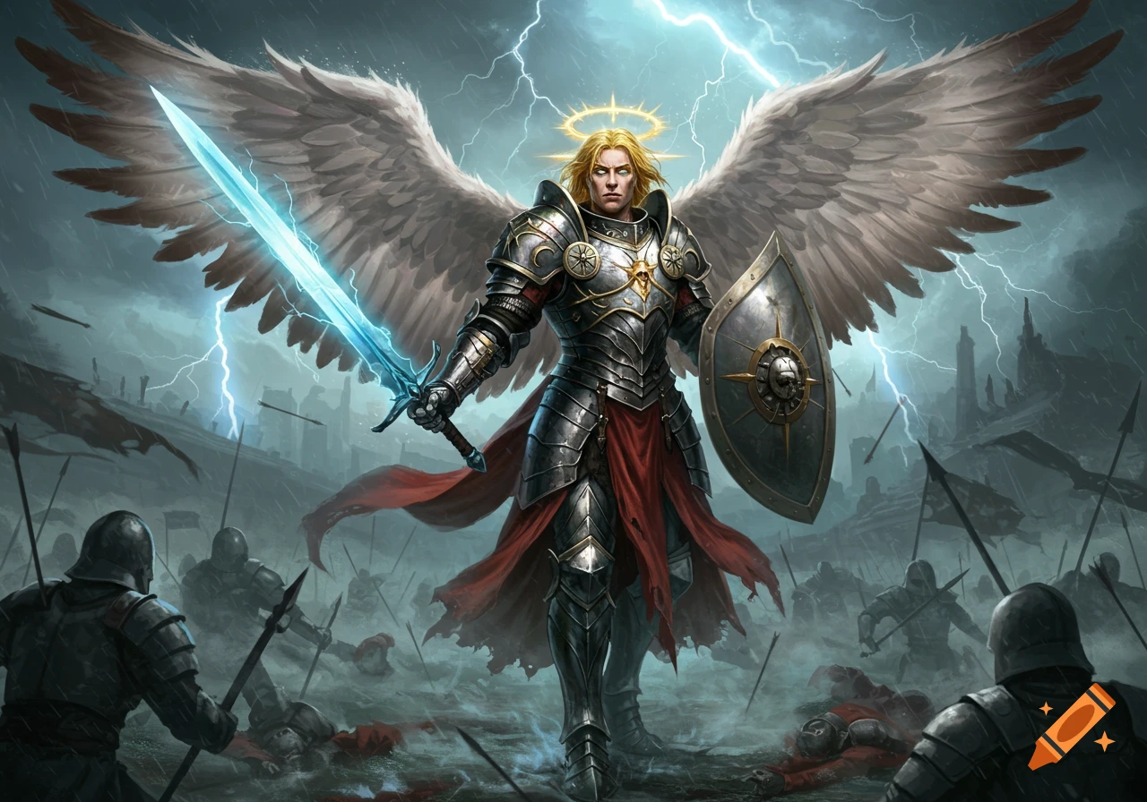 A majestic angel in ornate silver armor stands on a chaotic battlefield under a lightning storm, holding a glowing blue sword and a shield.