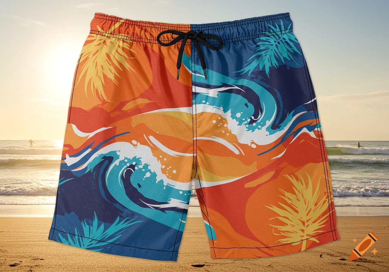 Colorful swim shorts featuring an orange, red, and blue wave and palm tree pattern, on a sandy beach with the ocean and a sunset in the background.