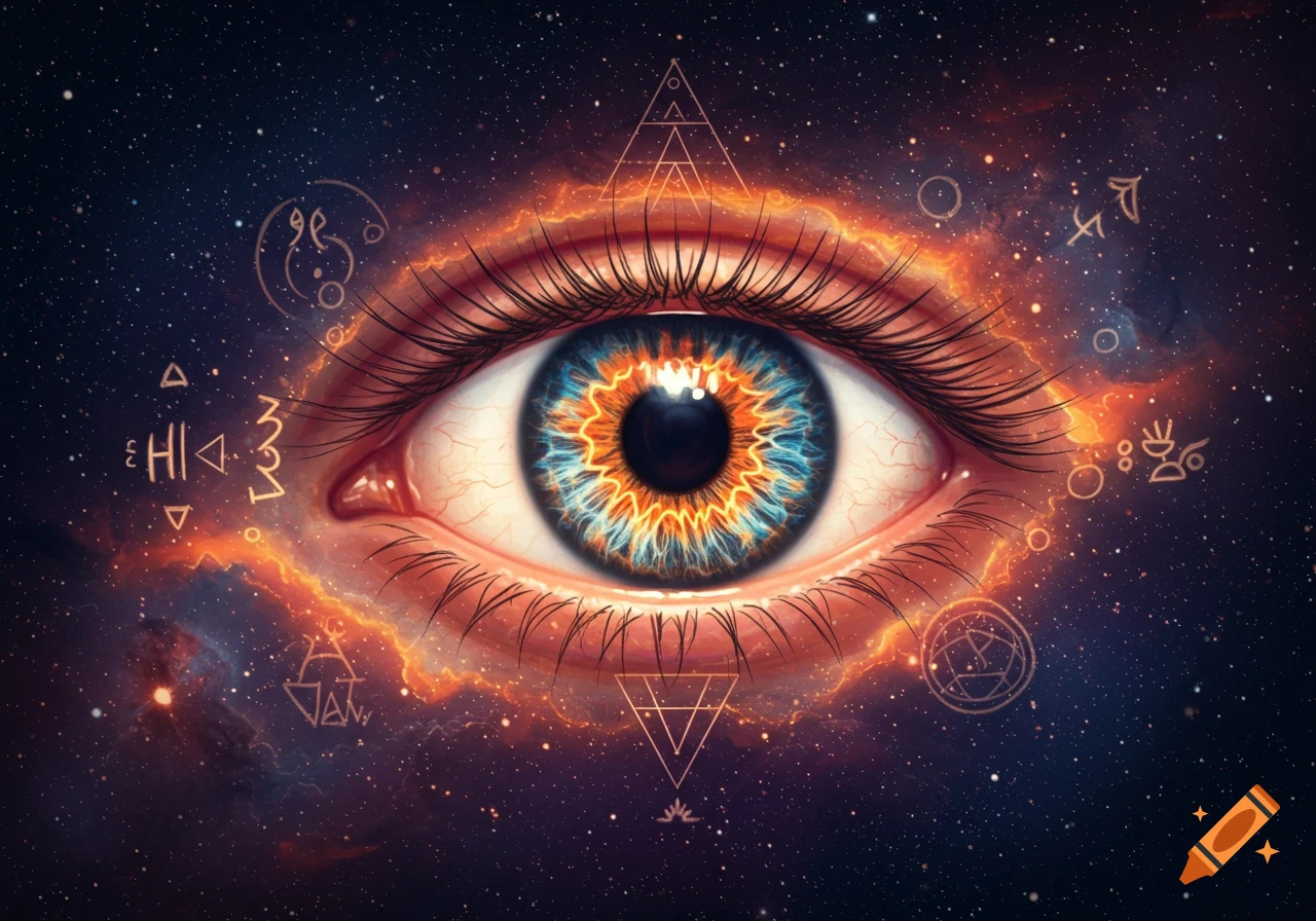 A vibrant, cosmic eye with a fiery blue and orange iris, surrounded by swirling nebulae, stars, and abstract golden symbols in deep space.