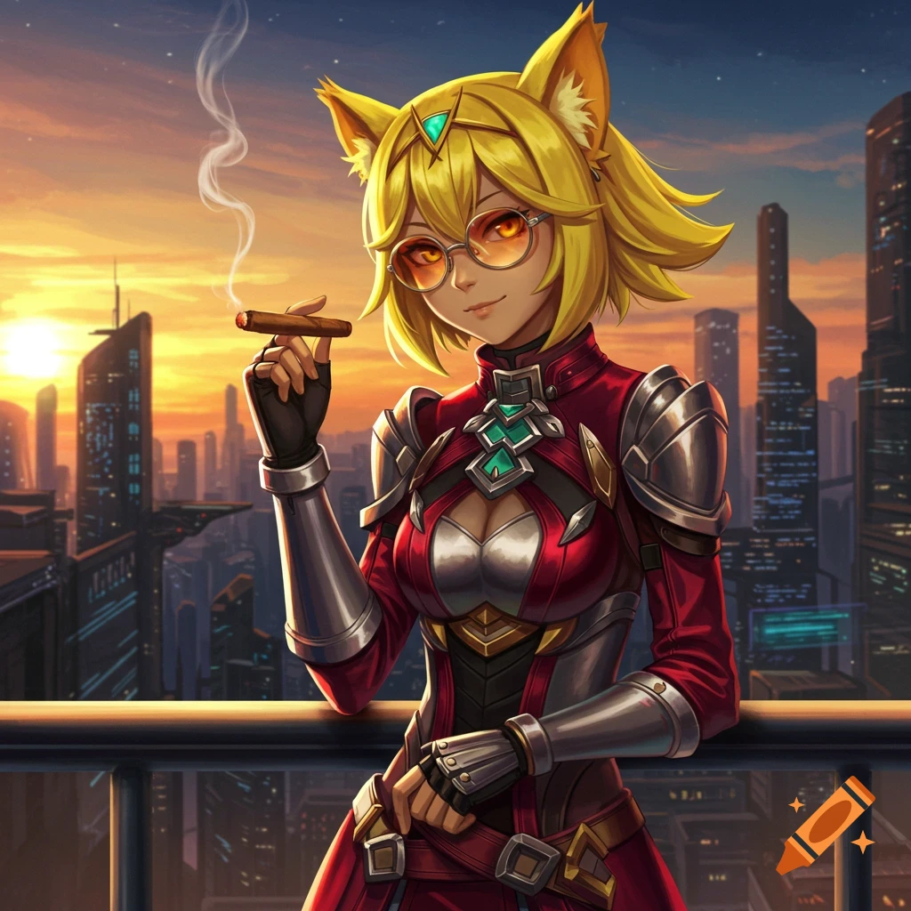 Anime-style cat-eared woman in red armor and orange sunglasses smokes a cigar on a balcony overlooking a futuristic city at sunset.