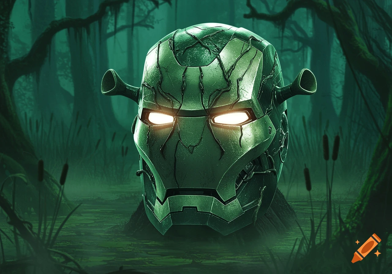 A detailed green Iron Man helmet with Shrek-like ears and skin texture, glowing eyes, in a murky swamp with trees.