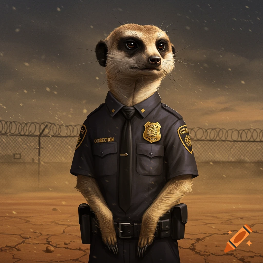 A photorealistic meerkat in a corrections officer uniform stands in a cracked desert. Barbed wire fence in the background.