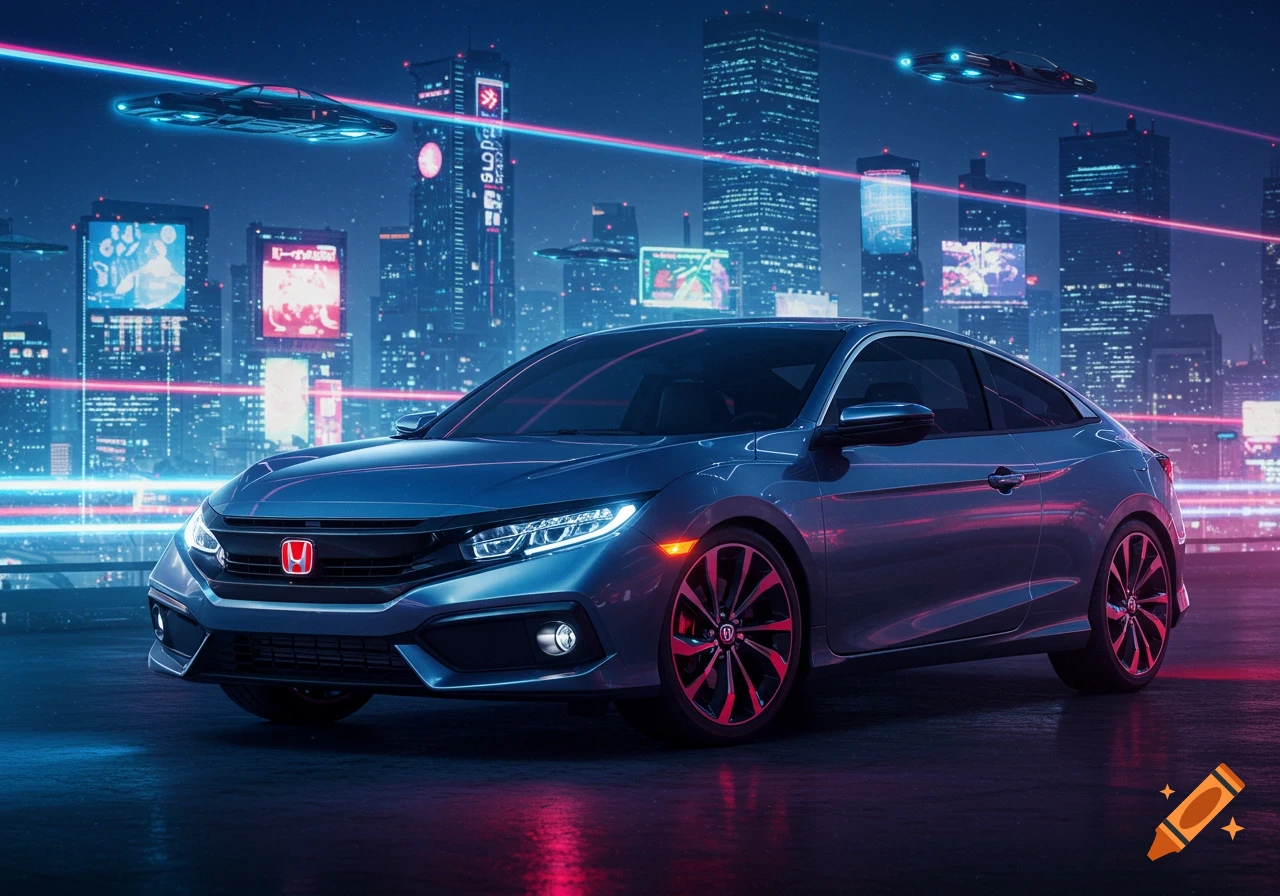 A blue Honda Civic coupe with red wheels in a neon-lit futuristic city at night with flying vehicles and skyscrapers.