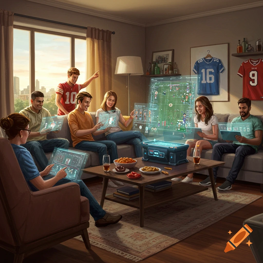 A group of friends gathers in a living room, watching and interacting with a large holographic fantasy football game projected in the center, and using personal transparent tablets. Football jerseys hang on the wall.