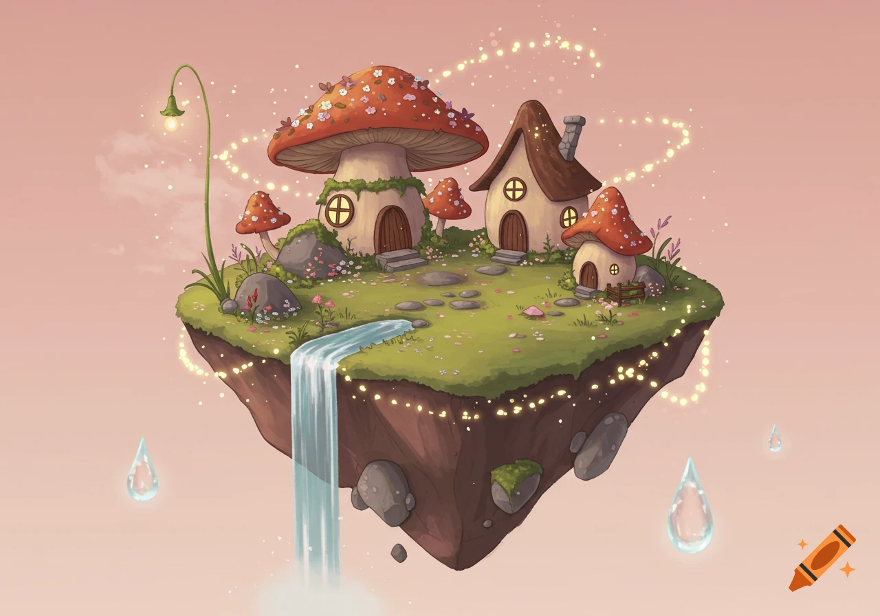 Whimsical floating island with mushroom houses, a waterfall, and a streetlamp, against a pink sky with sparkling lights. Illustration style.