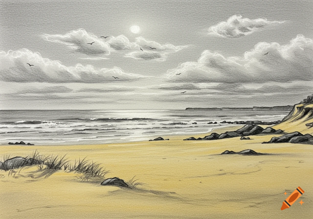 Graphite and colored pencil drawing of a sunny beach with waves, rocks, sand dunes, clouds, and birds flying.