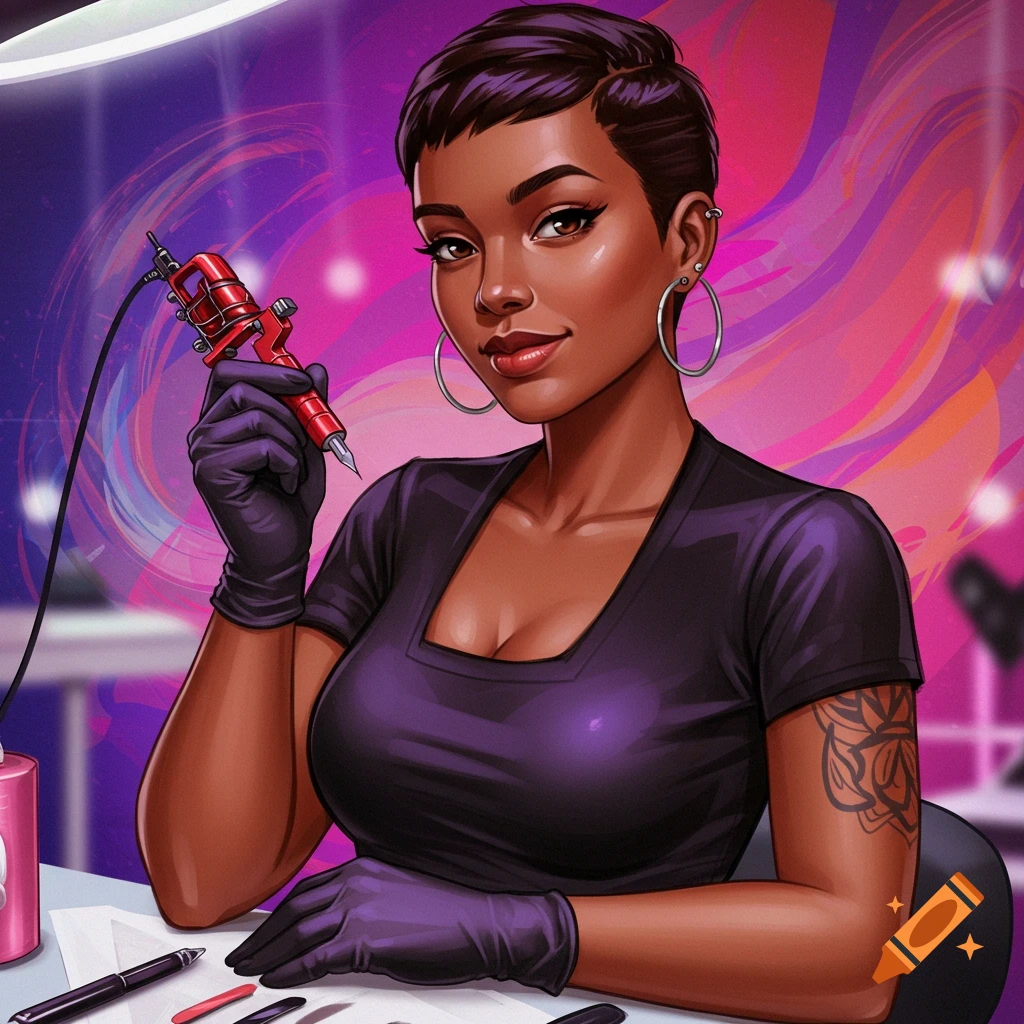 Digital illustration of a dark-skinned woman with short hair and hoop earrings, wearing purple gloves and holding a red tattoo machine, in a vibrant studio setting.