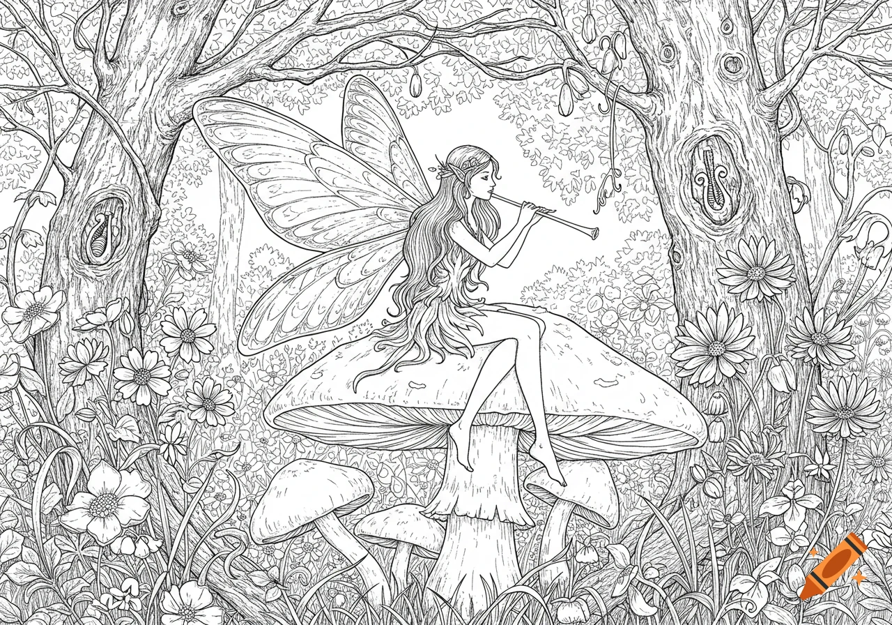 Black and white line art of a fairy with wings sitting on a mushroom playing a flute in a forest with trees and flowers.
