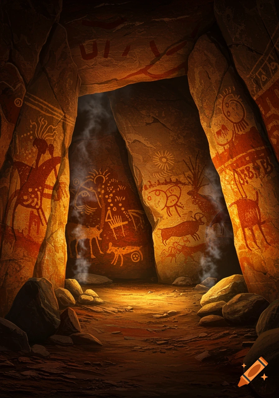 Inside a dimly lit ancient cave with walls covered in detailed red and white prehistoric cave paintings and drawings.