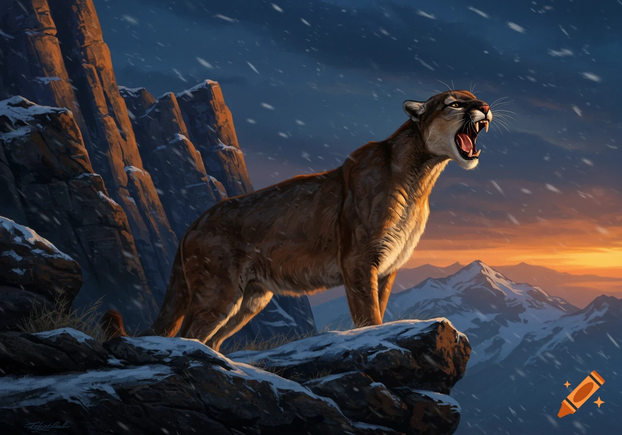 A powerful mountain lion roars on a snowy mountain peak at sunset, with snowflakes falling, in a photorealistic style.