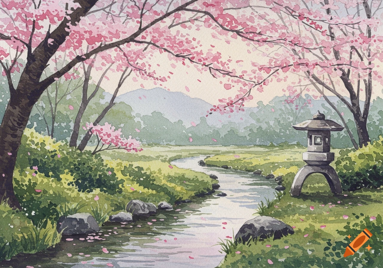 Watercolor painting of a tranquil Japanese garden with pink cherry blossoms, a flowing stream, and a stone lantern.