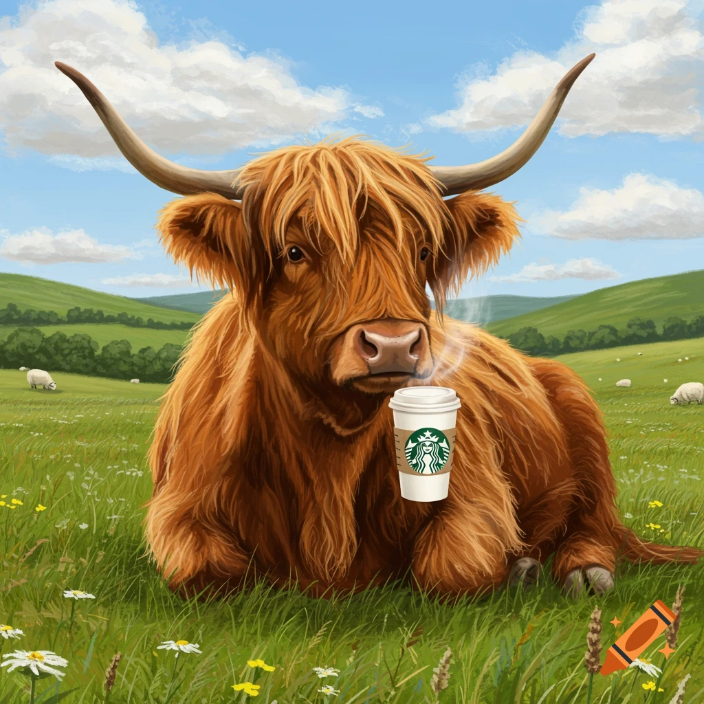 A fluffy brown Highland cow lies in a green field under a blue sky, with a steaming Starbucks coffee cup floating near its face.