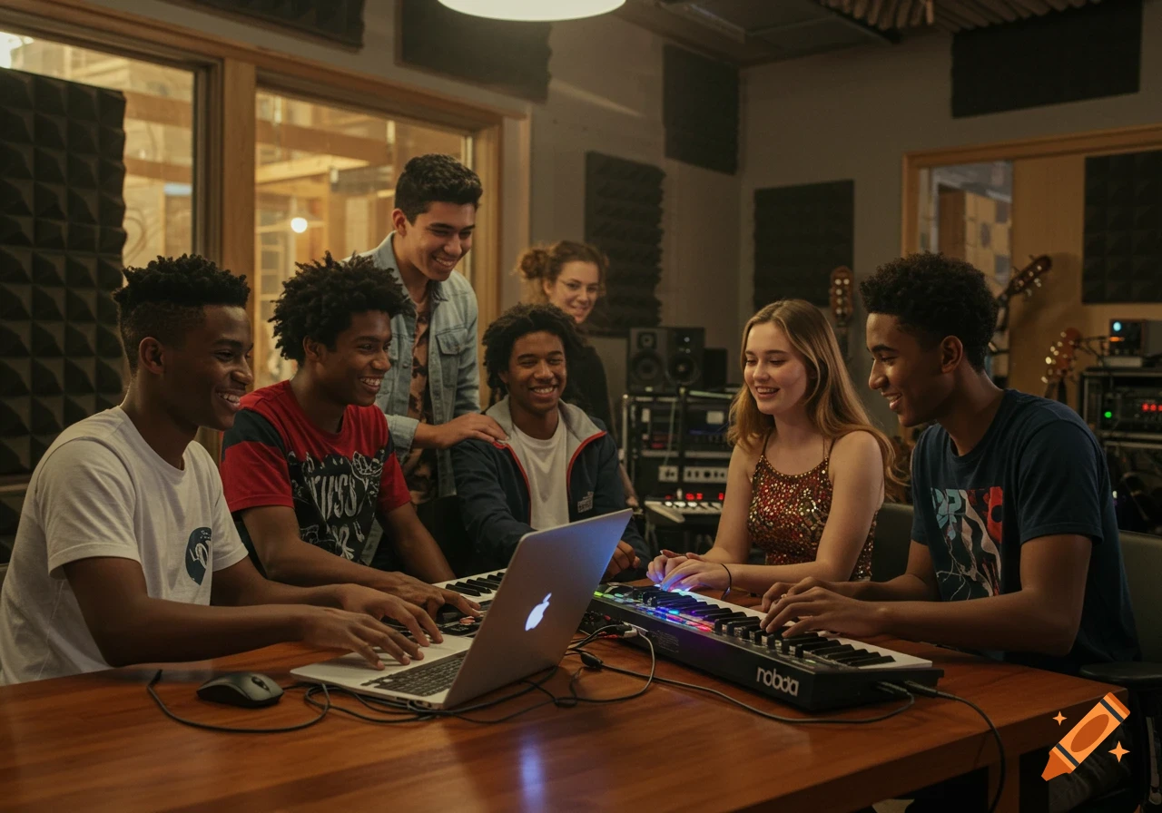 Diverse teens in a music studio, smiling and collaborating while using MIDI keyboards and a laptop.