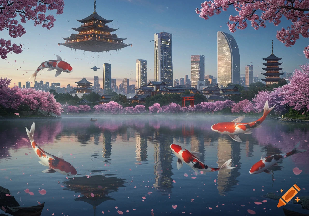 A fantastical Japanese city with cherry blossoms, pagodas, modern skyscrapers, a lake with large koi, and a floating pagoda.