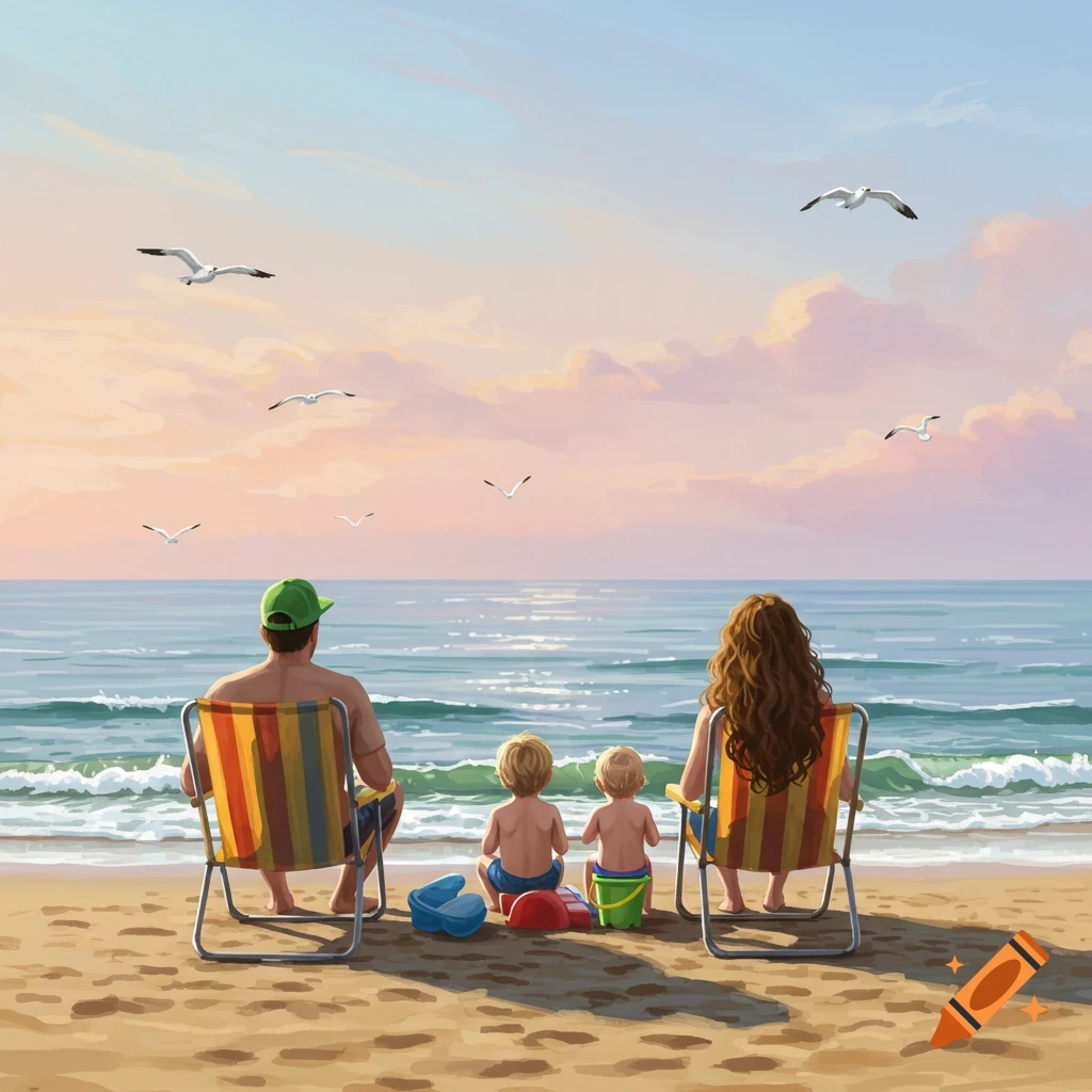 An illustrated family of four sits on a beach in striped chairs, facing the ocean at sunset.