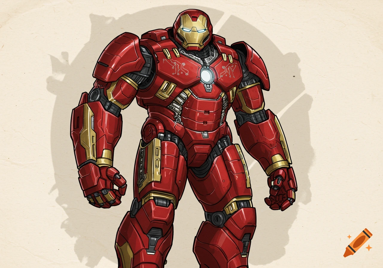 A detailed illustration of a red and gold Hulkbuster-style suit standing against a beige background.