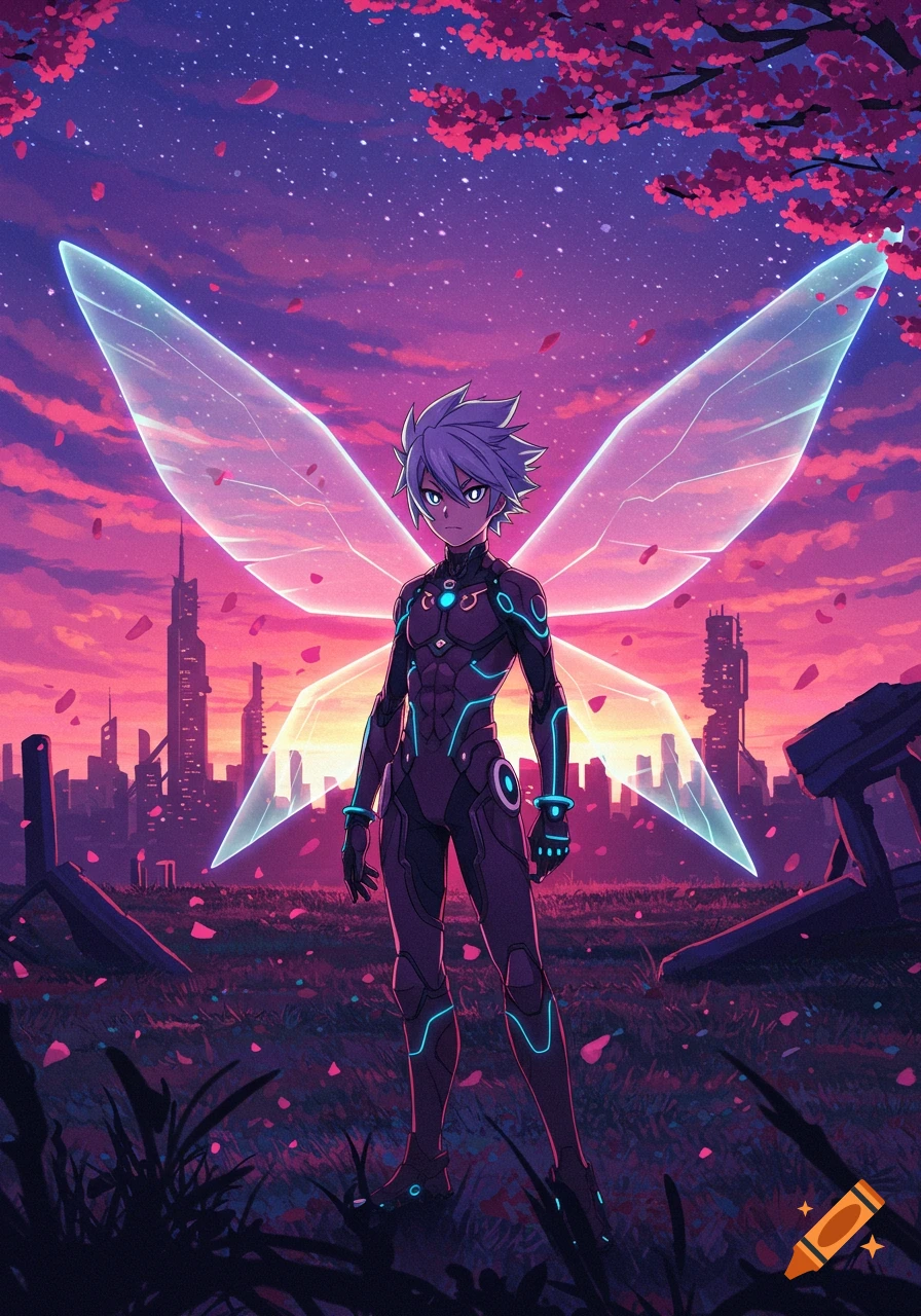 An anime character with white hair and glowing wings stands in a field with a futuristic cityscape at sunset.